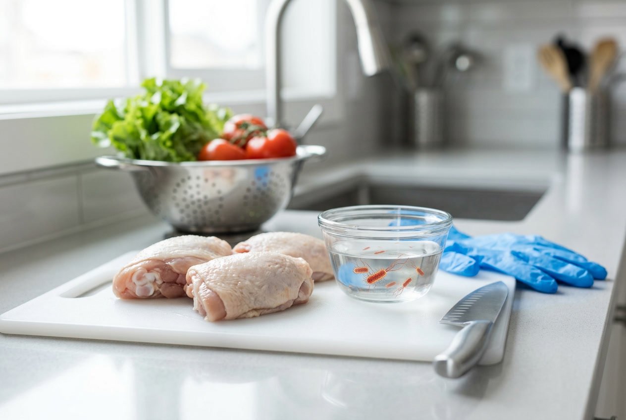 Raw chicken thighs on a cutting board in a kitchen with fresh vegetables and kitchen utensils nearby, illustrating food safety.