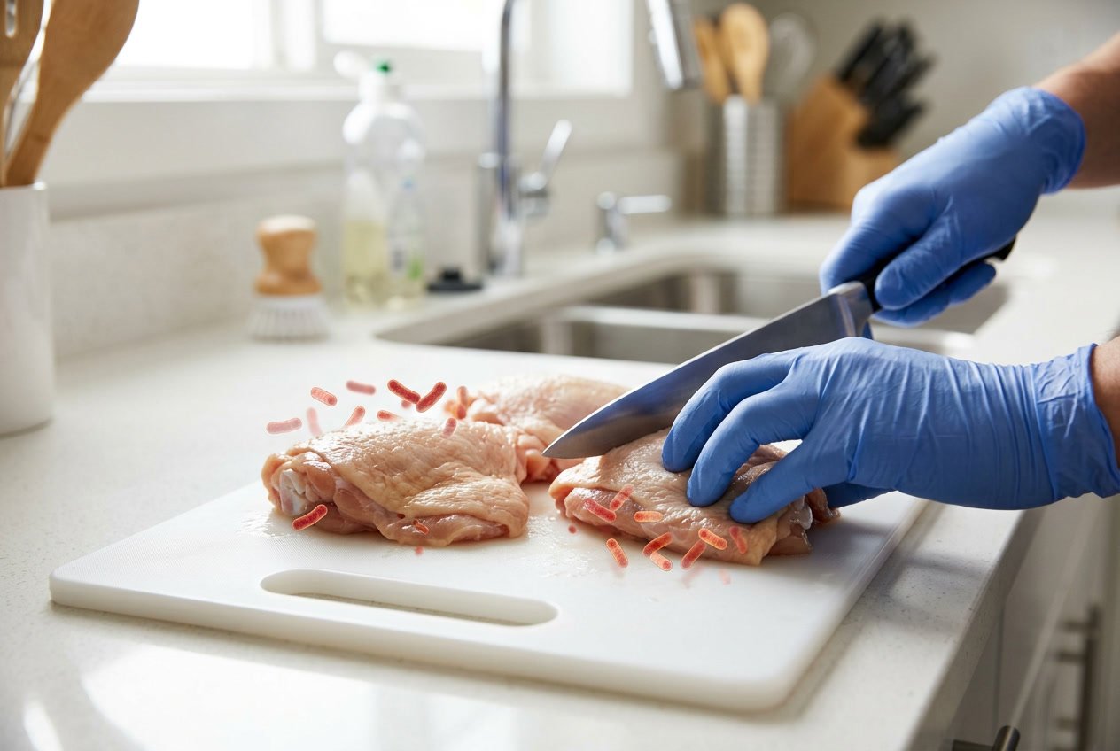 Close-up of raw chicken thighs on a cutting board with hands wearing gloves preparing them in a kitchen, with visual representation of bacteria around the chicken.