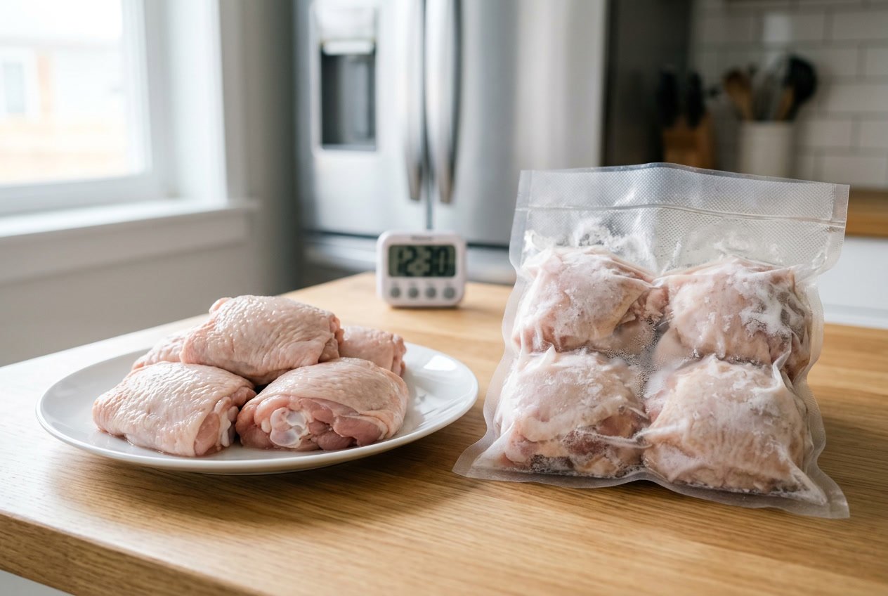Raw chicken thighs on a white plate next to a vacuum-sealed frozen bag of chicken thighs on a wooden kitchen countertop.
