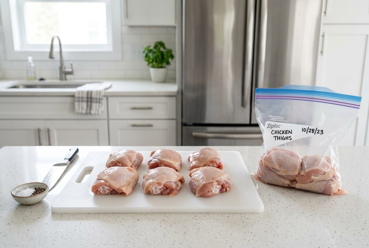 Raw chicken thighs on a cutting board next to a freezer bag in a kitchen.