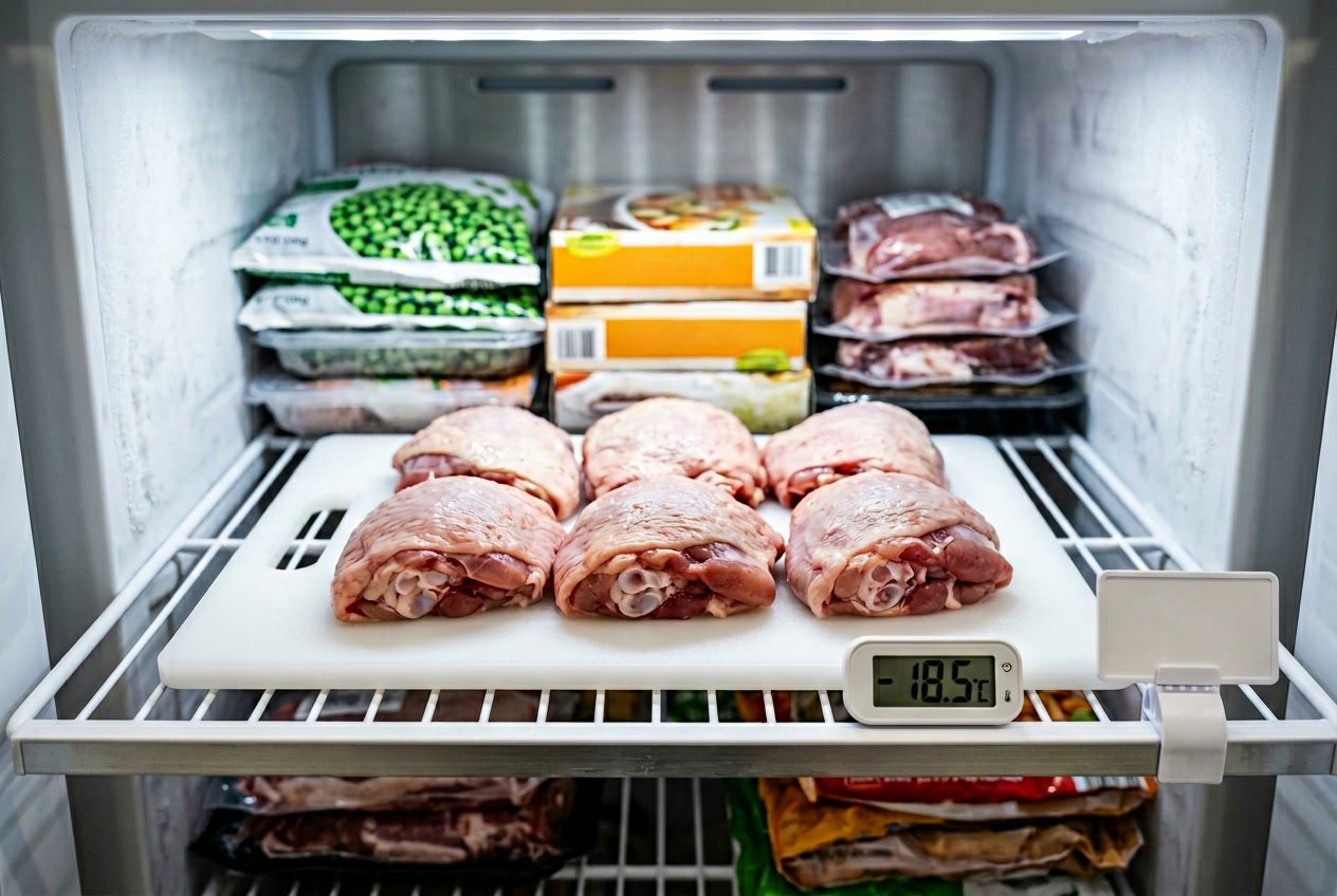 Raw chicken thighs arranged on a cutting board inside a well-lit freezer with organized shelves and a digital thermometer nearby.