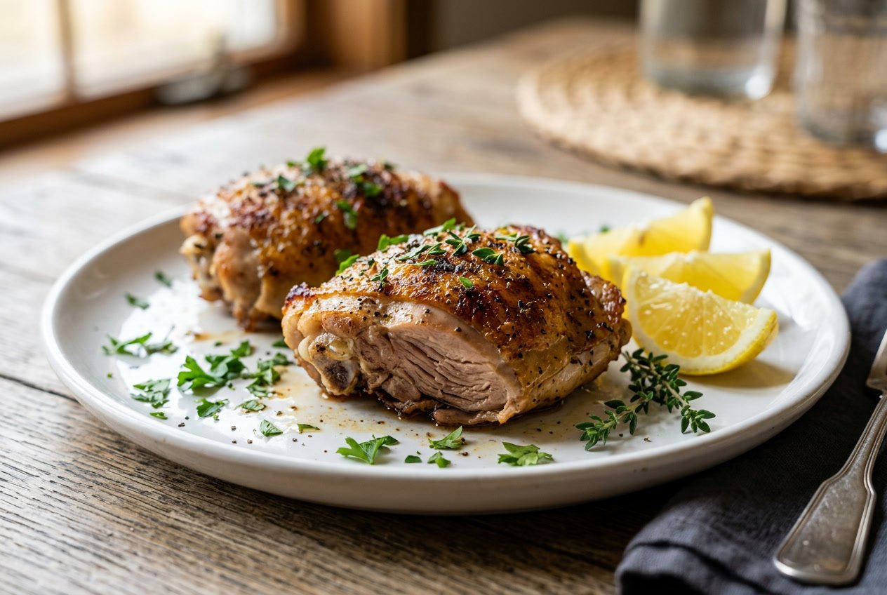 Close-up of fully cooked chicken thighs on a plate garnished with herbs and lemon wedges.
