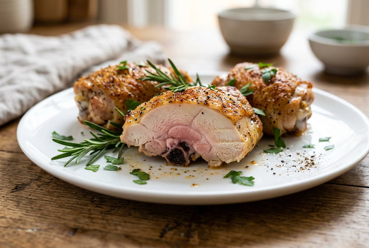 Cooked chicken thighs on a white plate, cut open to show the interior with a slight pink color near the bone and golden brown outer meat, garnished with fresh herbs.