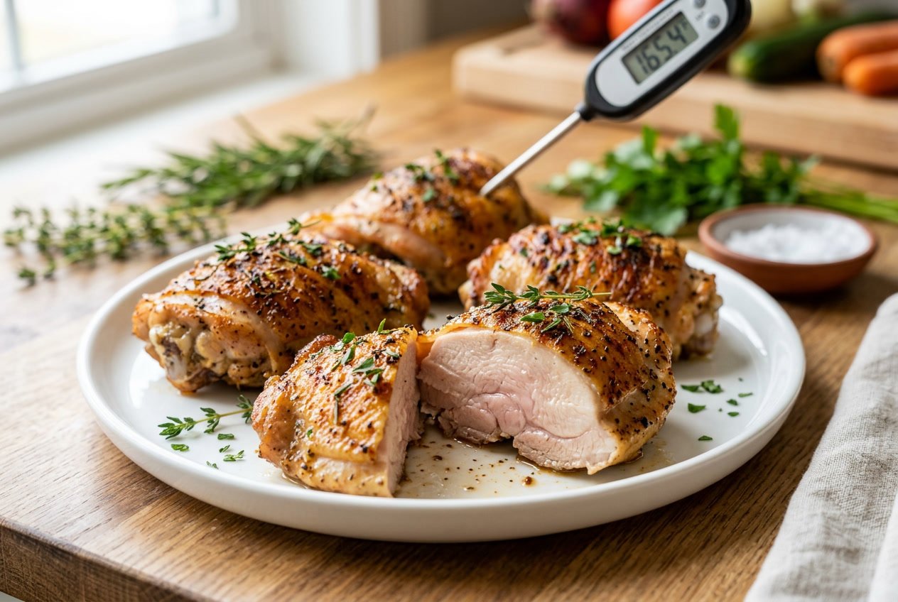 Close-up of cooked chicken thighs on a white plate showing a juicy texture with a slightly pink interior, accompanied by kitchen items in the background.