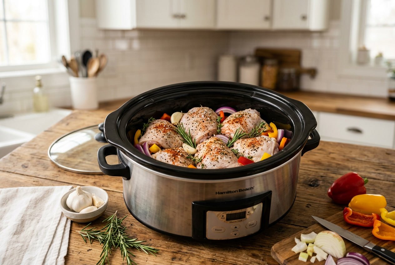 Raw chicken thighs arranged inside an open crock pot on a kitchen countertop with fresh ingredients nearby.