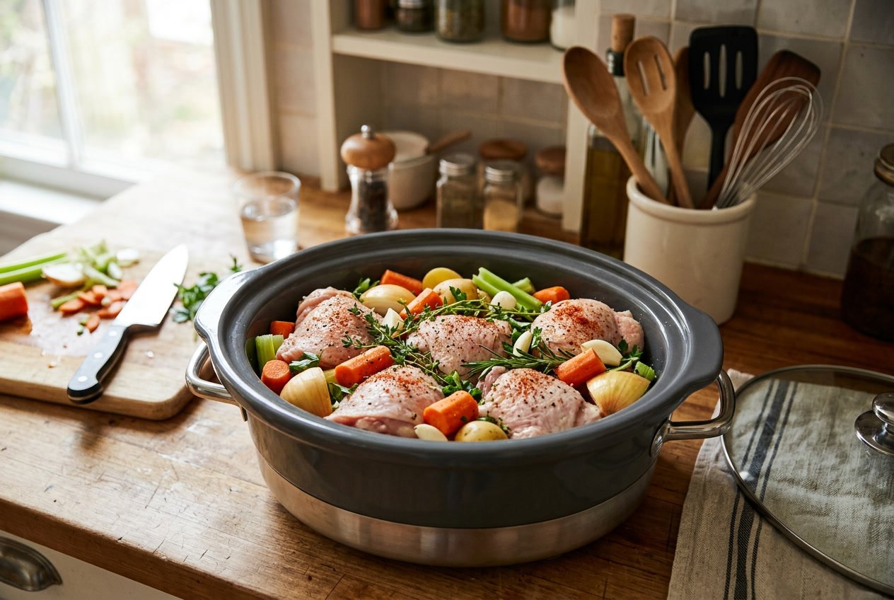 Slow cooker filled with raw chicken thighs and vegetables on a kitchen countertop.