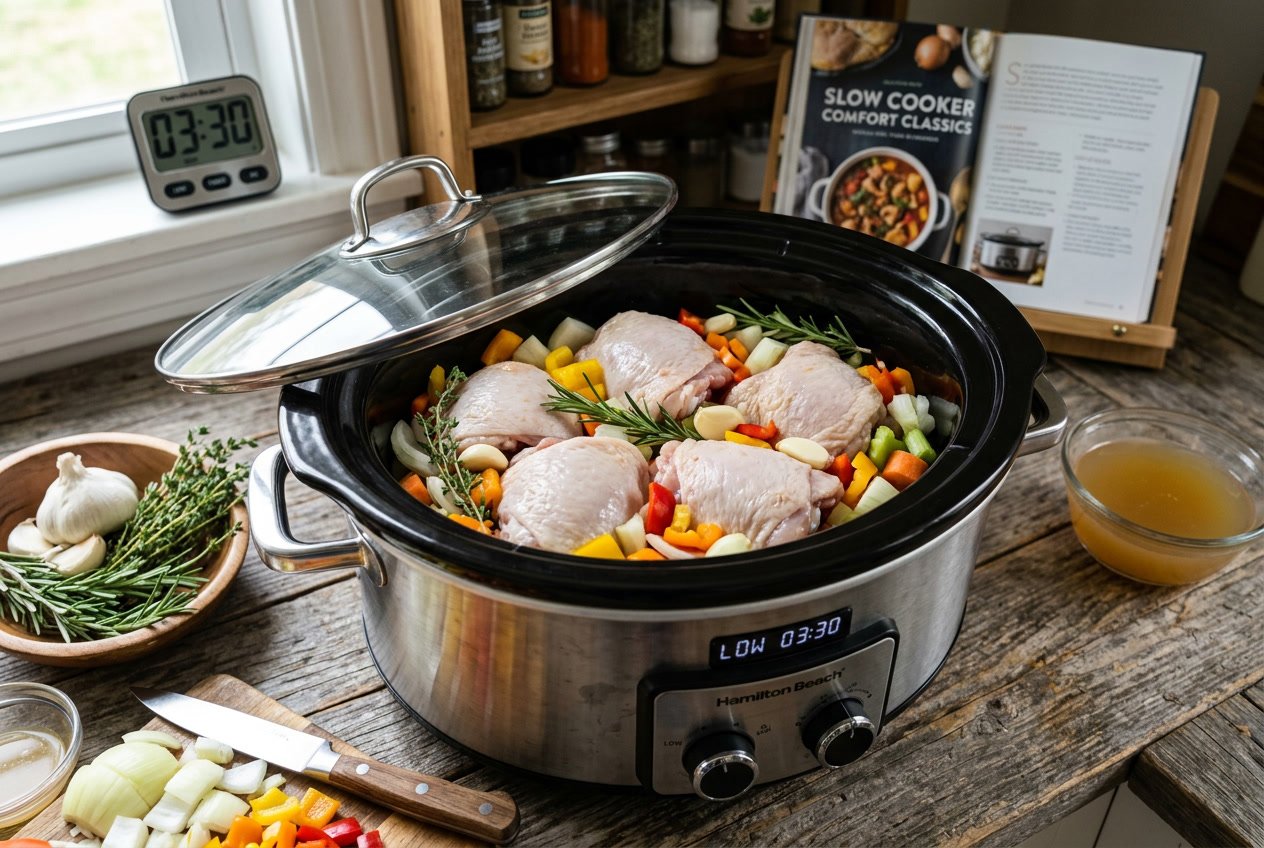 Close-up of raw chicken thighs in a crock pot with fresh vegetables and herbs on a kitchen countertop.