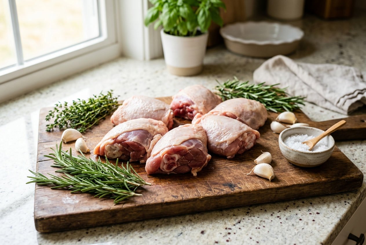 Raw chicken thighs on a wooden cutting board with herbs and garlic on a kitchen countertop.
