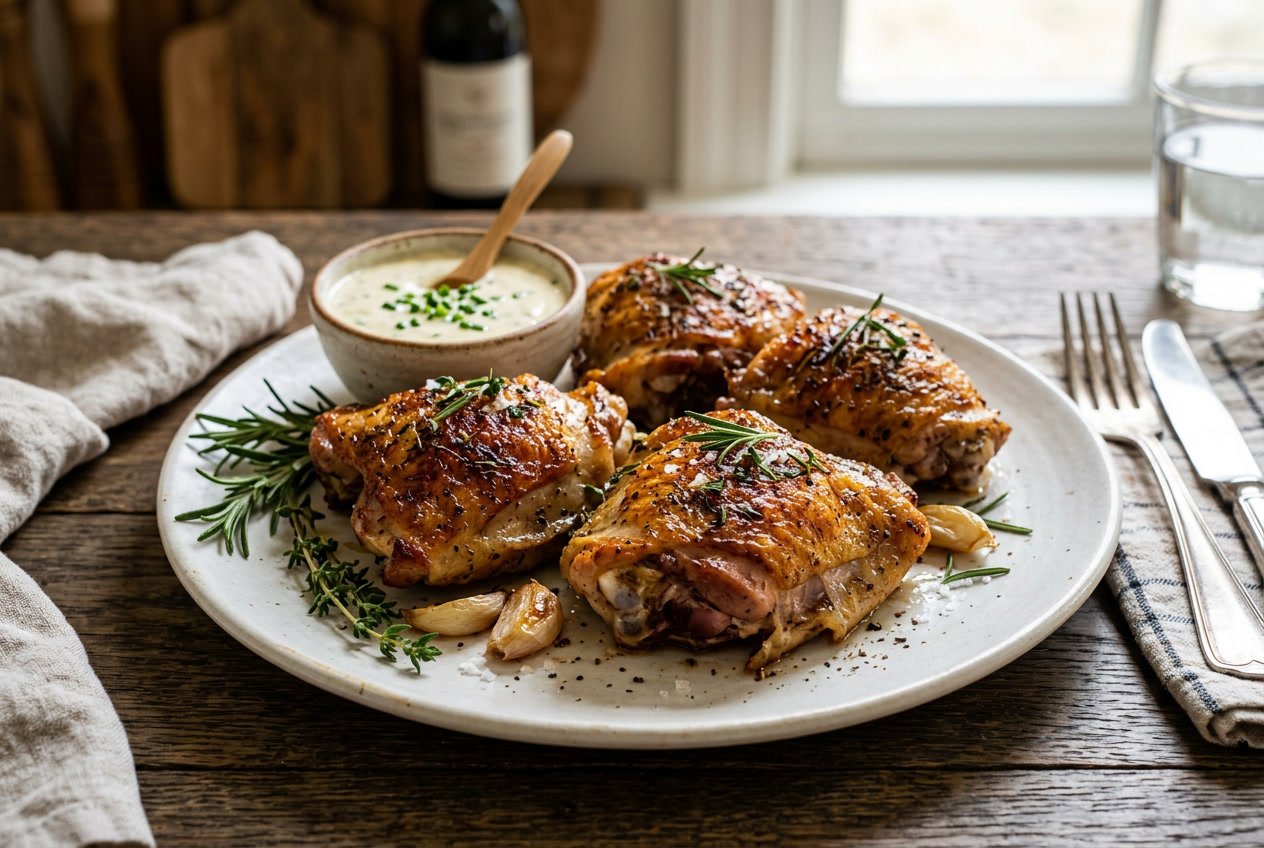 Close-up of cooked chicken thighs on a white plate with fresh herbs and a small bowl of sauce.