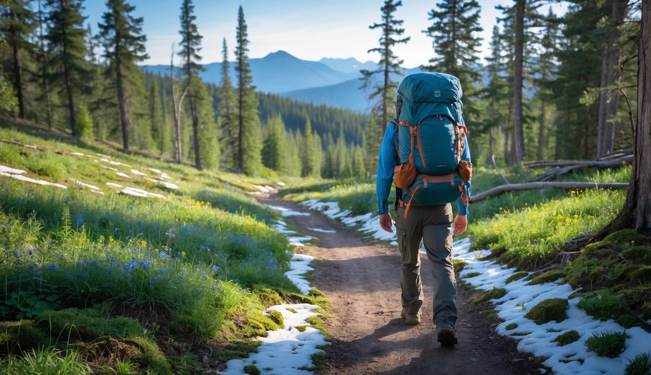 A backpacker walking on a forest trail in early spring with tall evergreen trees, patches of snow, and distant mountains under a clear sky.