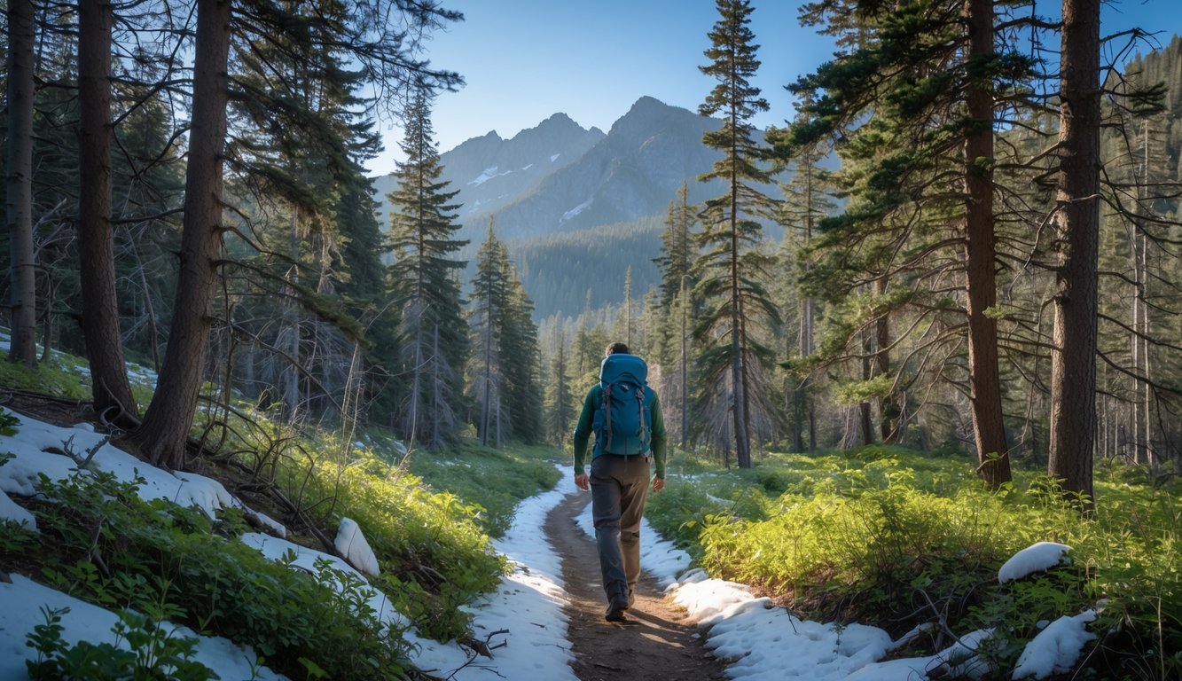 A hiker walking on a forest trail surrounded by tall evergreen trees with patches of snow and mountain peaks in the background.