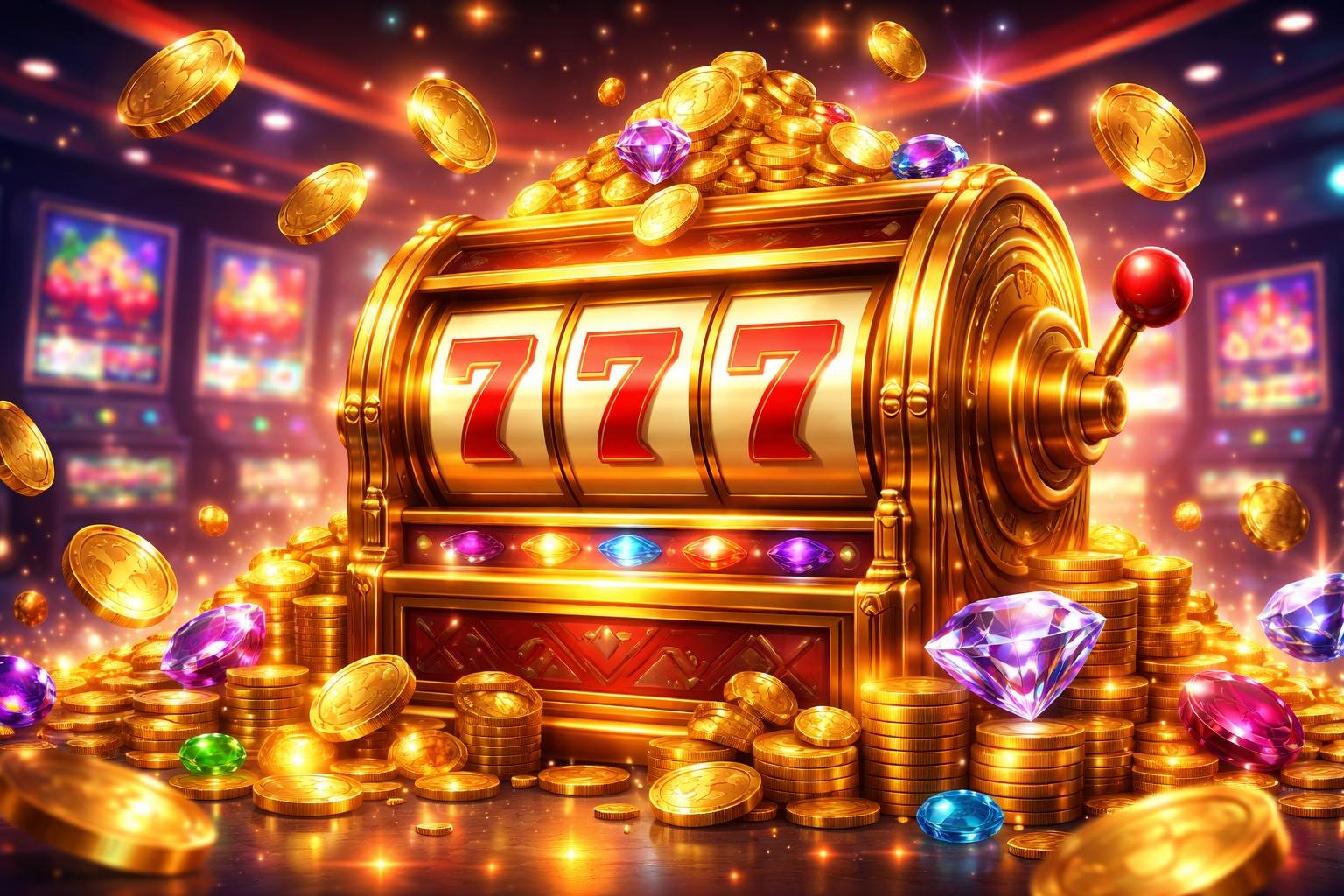 Sebuah mesin slot emas dengan koin dan permata berkilauan di sekitarnya dalam suasana kasino modern yang mewah.