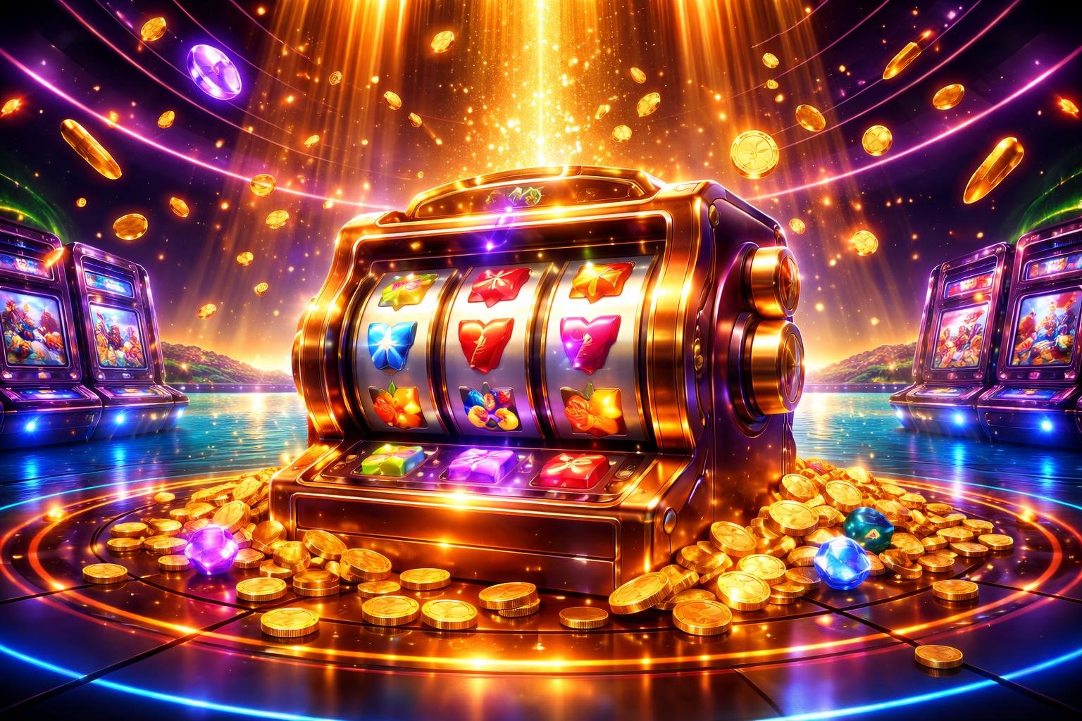 Pemandangan mesin slot online berwarna cerah dengan koin emas dan latar belakang waduk berkilau dengan cahaya keemasan.