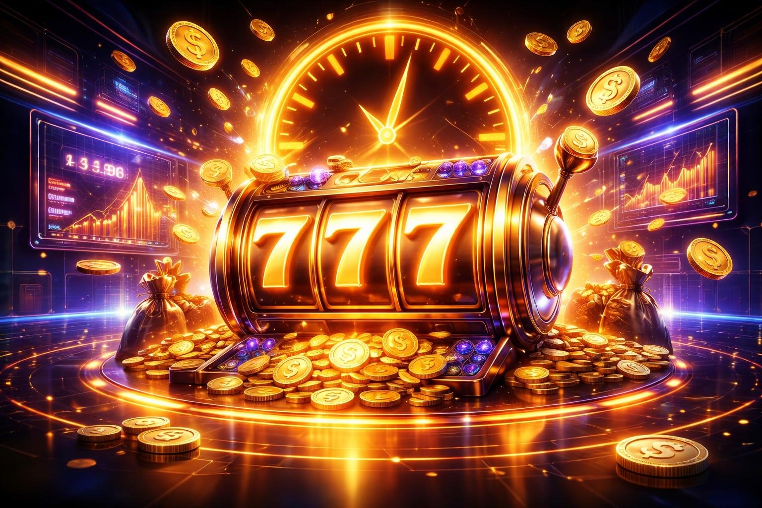 Mesin slot digital berwarna emas dengan koin berkilauan dan jam digital yang menunjukkan waktu emas dalam suasana kasino futuristik.