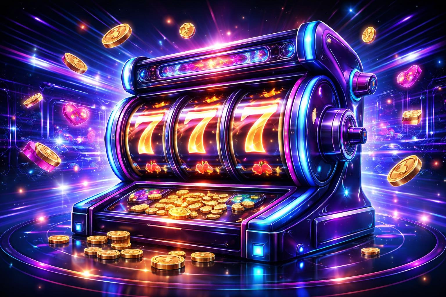 Mesin slot online futuristik dengan simbol keberuntungan dan pola kemenangan di latar kasino virtual.