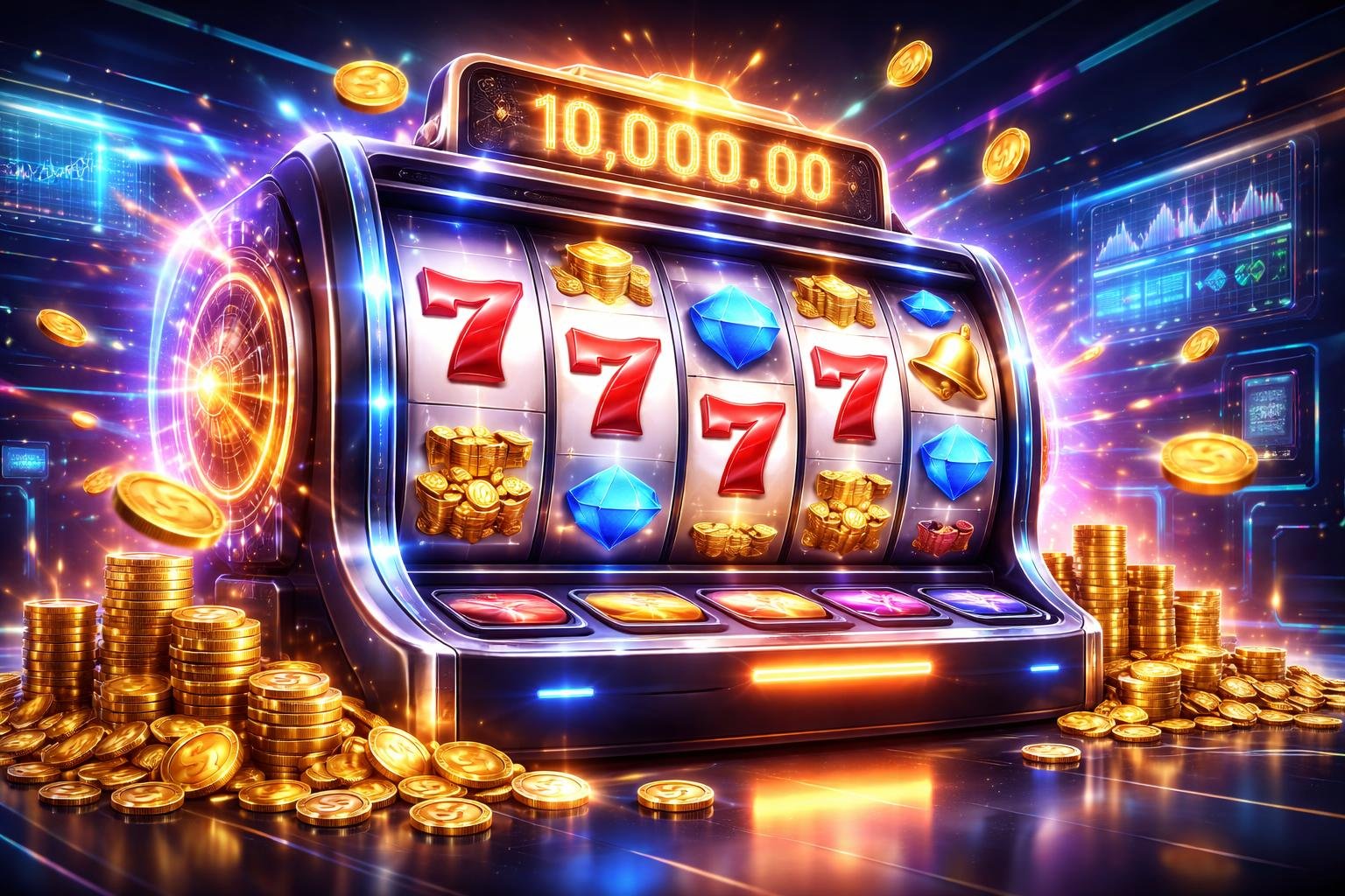 Mesin slot online modern dengan simbol keberuntungan dan koin berjatuhan di latar gaming futuristik.