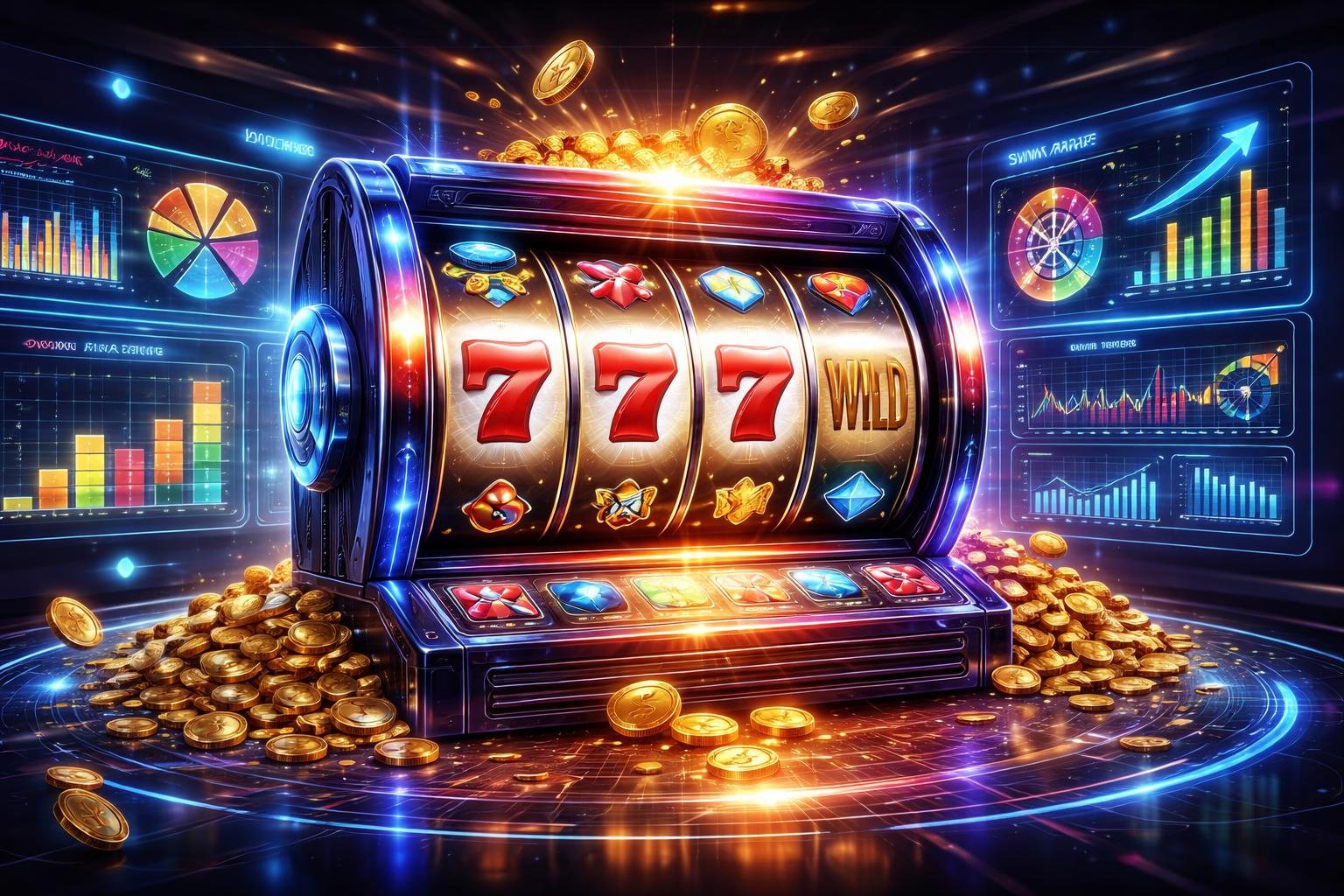 Sebuah mesin slot digital dengan simbol berwarna cerah dan grafik pola kemenangan di sekitarnya dalam suasana kasino modern.