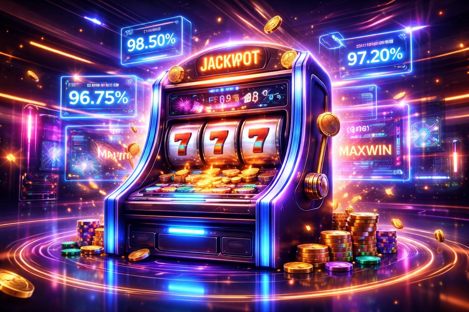 Suasana mesin slot futuristik dengan lampu neon dan tampilan holografik angka RTP dan jackpot di dalam kasino modern.