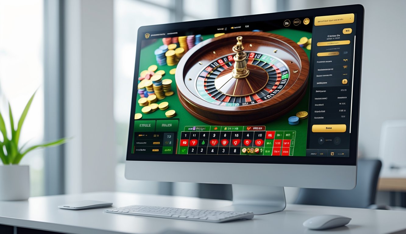 Tampilan layar komputer menampilkan permainan roulette online dengan grafis realistis dan detail, di ruang kantor modern yang terang dan rapi.