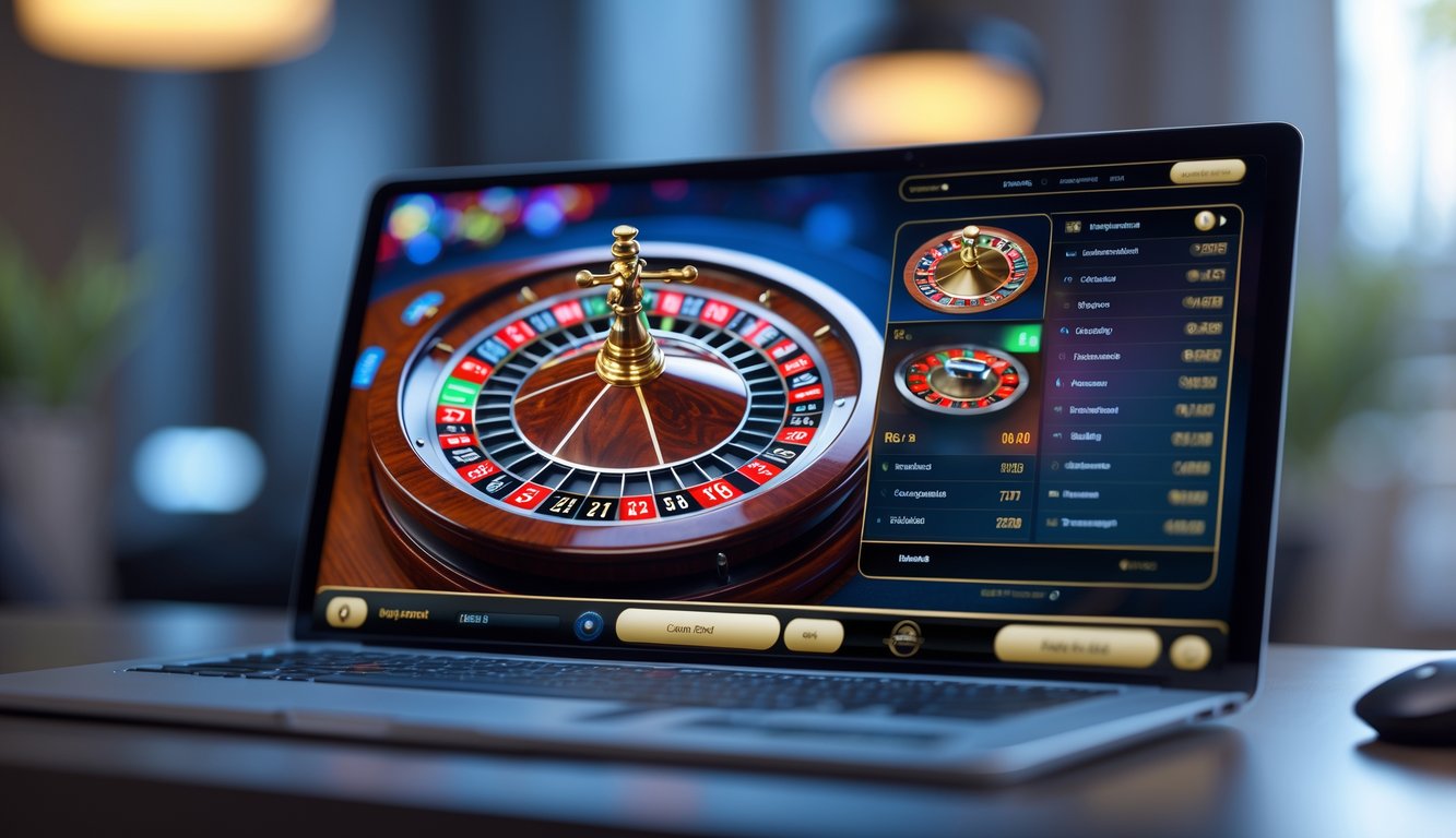 Tampilan layar komputer modern yang menampilkan platform roulette online dengan grafis roda roulette yang realistis dan warna-warna cerah.