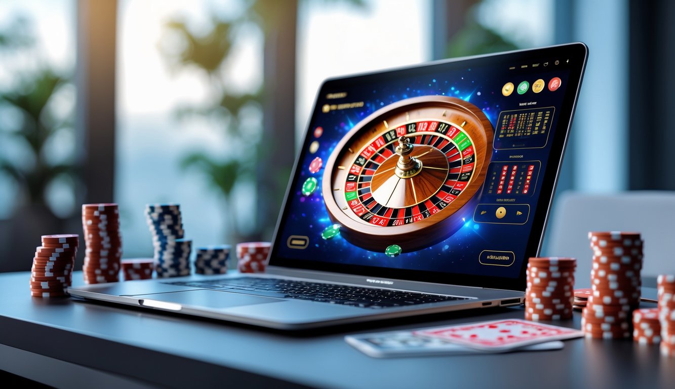Sebuah layar komputer menampilkan permainan roulette online dengan roda roulette berwarna-warni dan chip poker di sekitar meja bermain.