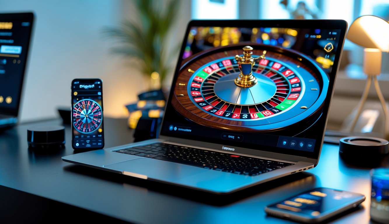 Sebuah layar komputer menampilkan roda roulette digital yang berwarna cerah dengan suasana bermain game online yang nyaman.