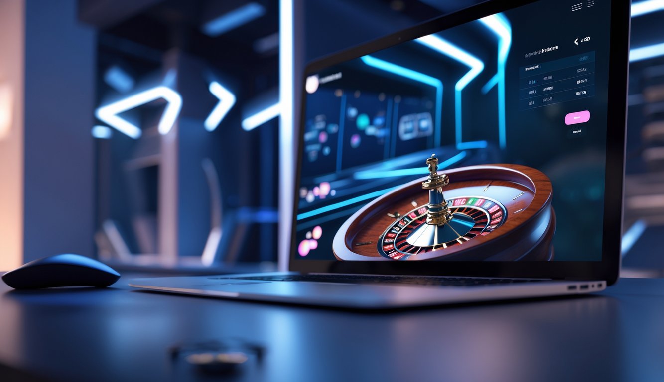 Tampilan antarmuka platform roulette online dengan roda roulette digital yang berputar dan animasi halus pada layar komputer modern.