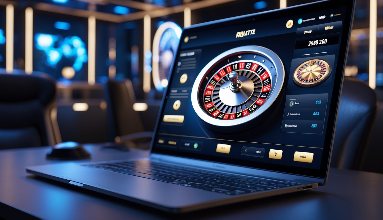 Tampilan layar komputer dengan permainan roulette online yang menampilkan roda roulette beranimasi halus dalam lingkungan permainan yang modern dan gelap.