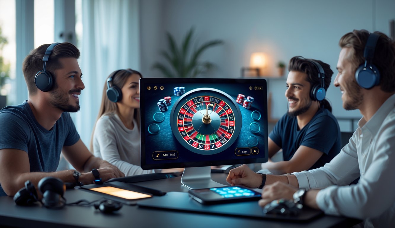 Beberapa orang bermain roulette online di depan layar komputer di ruang kerja yang nyaman.