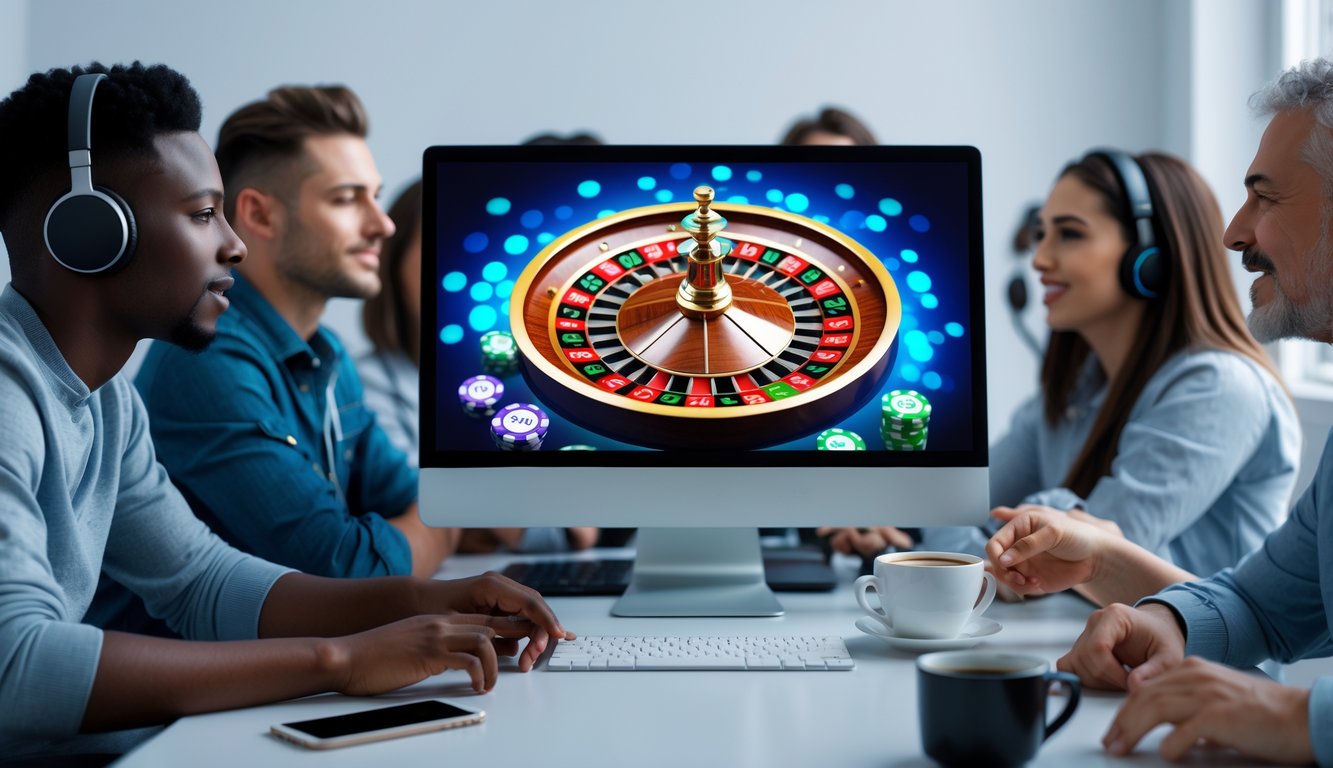 Beberapa orang sedang bermain roulette online di depan komputer dengan tampilan roda roulette digital yang berwarna-warni.