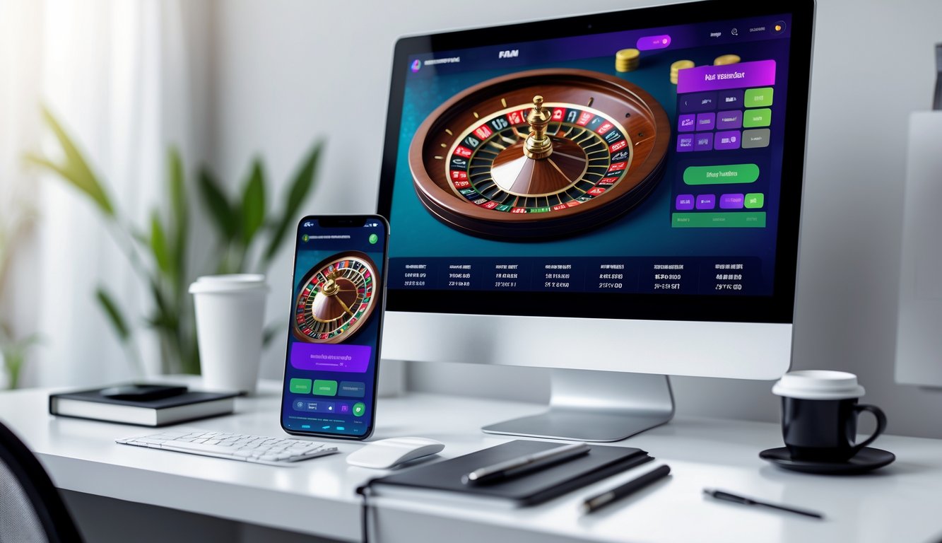 Tampilan antarmuka platform roulette online modern dan mudah digunakan di layar komputer dan ponsel di atas meja putih.