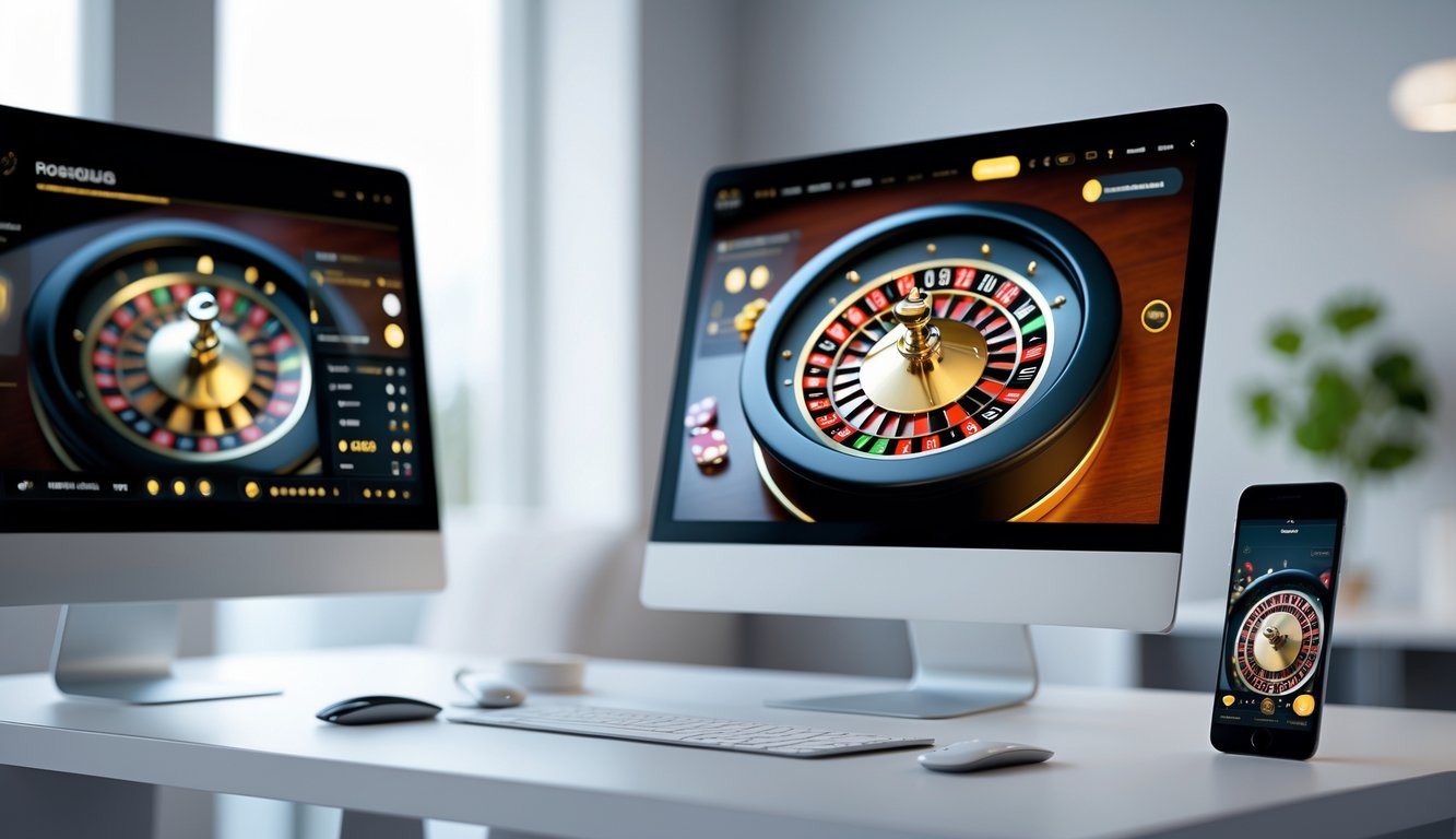 Tampilan perangkat komputer dan ponsel yang menunjukkan permainan roulette online dengan desain grafis modern di atas meja kerja.