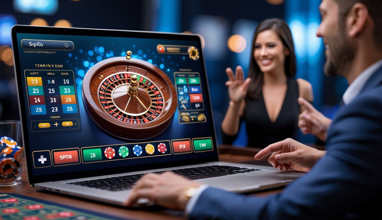 Seorang dealer langsung tersenyum di samping layar komputer yang menampilkan roda roulette online dengan antarmuka interaktif.