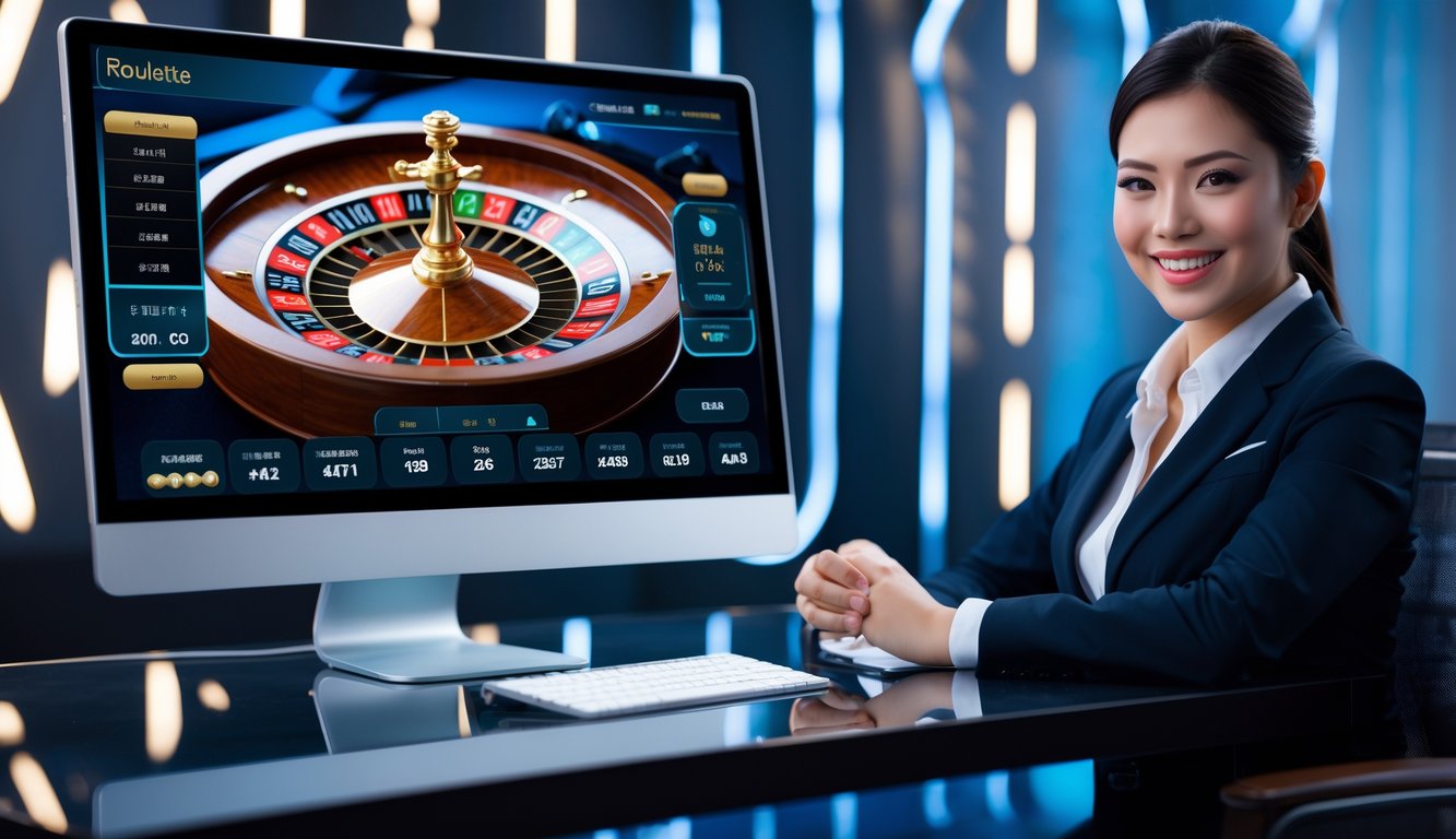 Seorang dealer langsung tersenyum di samping layar komputer yang menampilkan permainan roulette online dengan grafis berkualitas tinggi.