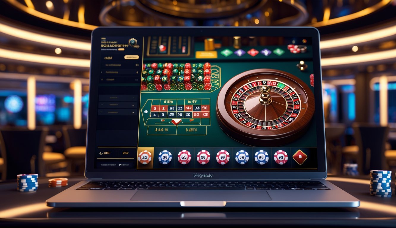 Layar komputer menampilkan permainan roulette online dengan roda roulette berwarna cerah dan chip taruhan digital di latar kasino yang remang-remang.