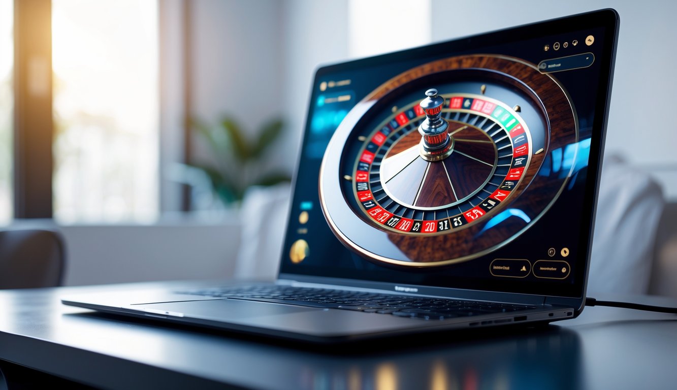 Sebuah layar komputer menampilkan permainan roulette online dengan grafik berkualitas tinggi di lingkungan rumah atau kantor yang rapi.