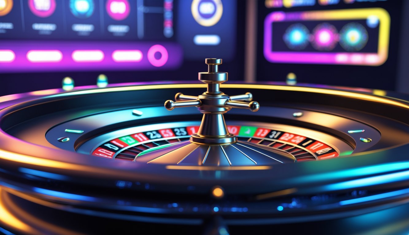 Meja roulette 3D online dengan roda berputar dan bola yang bergerak dalam suasana permainan digital.