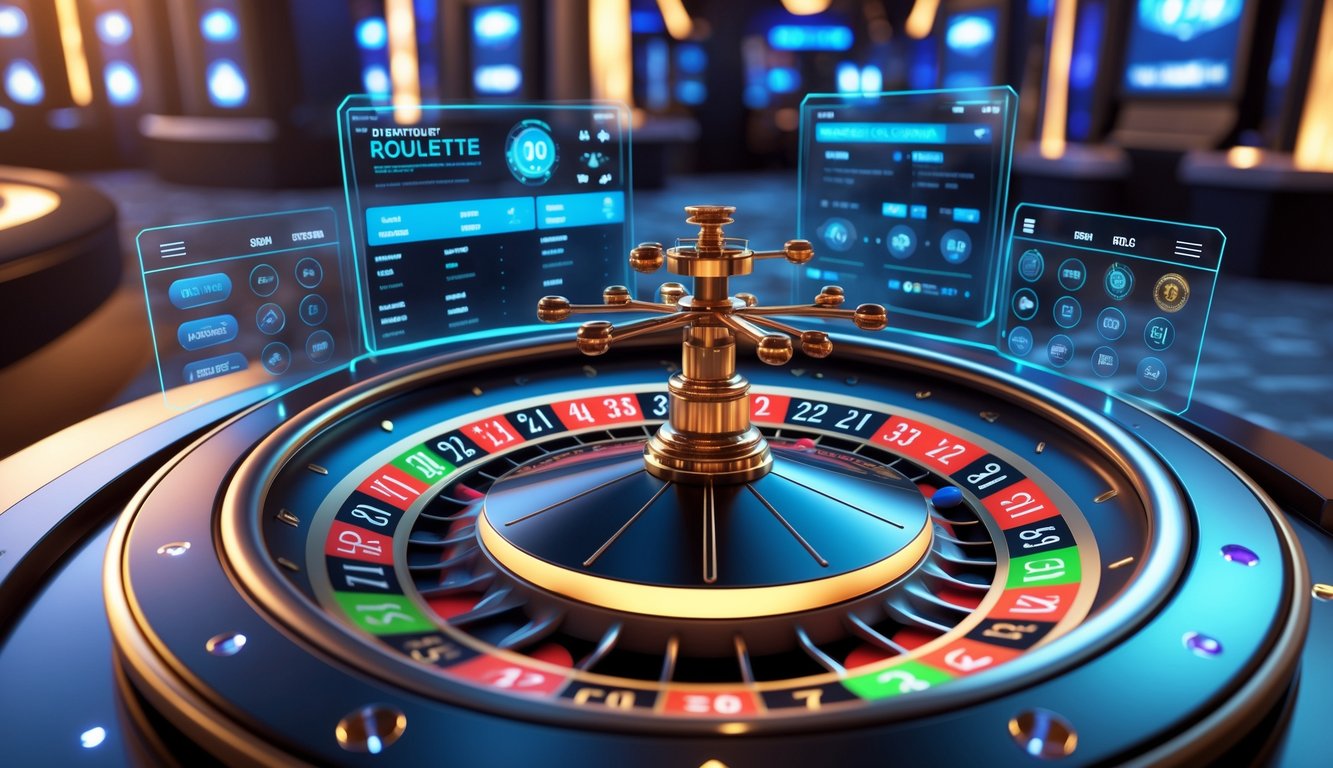 Sebuah platform roulette online dengan roda roulette 3D yang berputar dan antarmuka digital futuristik.
