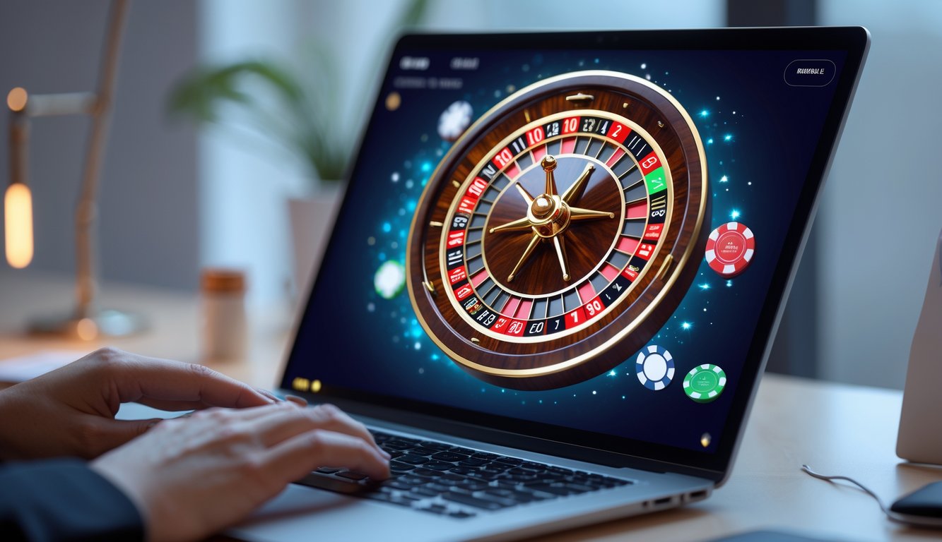 Seseorang menggunakan komputer dengan layar menampilkan roda roulette online yang berwarna-warni dan menarik.