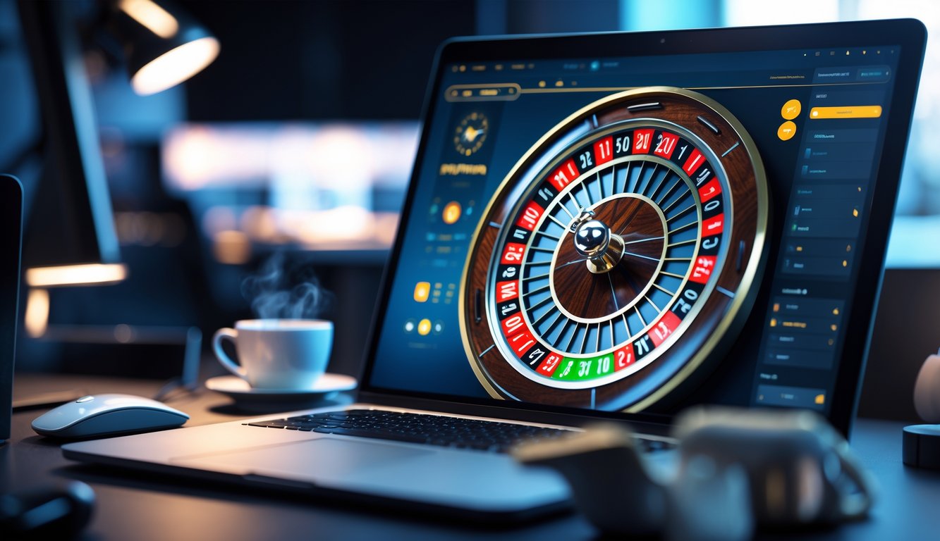 Sebuah komputer dengan layar menampilkan roda roulette digital yang cerah dan detail, di meja kerja yang rapi dengan pencahayaan lembut.