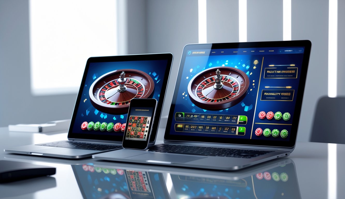 Beberapa perangkat elektronik menampilkan permainan roulette online dengan grafik berwarna-warni di sebuah meja kerja yang rapi.