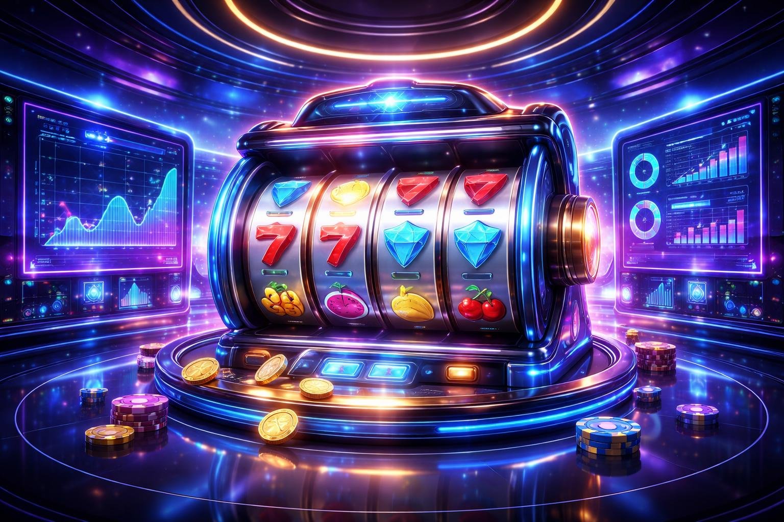 Tampilan mesin slot digital futuristik dengan latar kasino modern berlampu neon dan elemen holografik yang berkilauan.