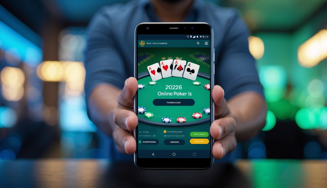 Seseorang memegang ponsel Android yang menampilkan aplikasi poker online dengan latar belakang modern dan pencahayaan hangat.