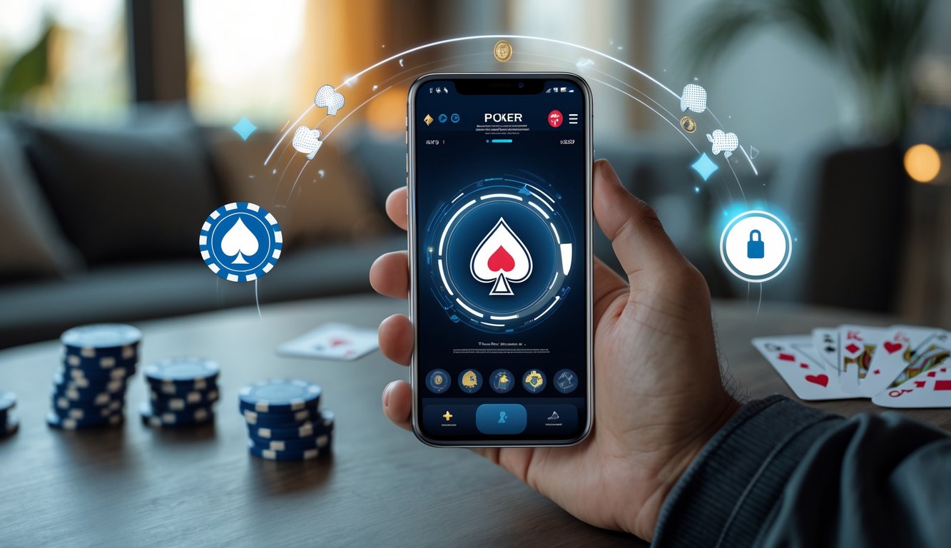 Seseorang memegang ponsel yang menampilkan aplikasi poker online dengan latar belakang ruangan yang nyaman dan pencahayaan terang.
