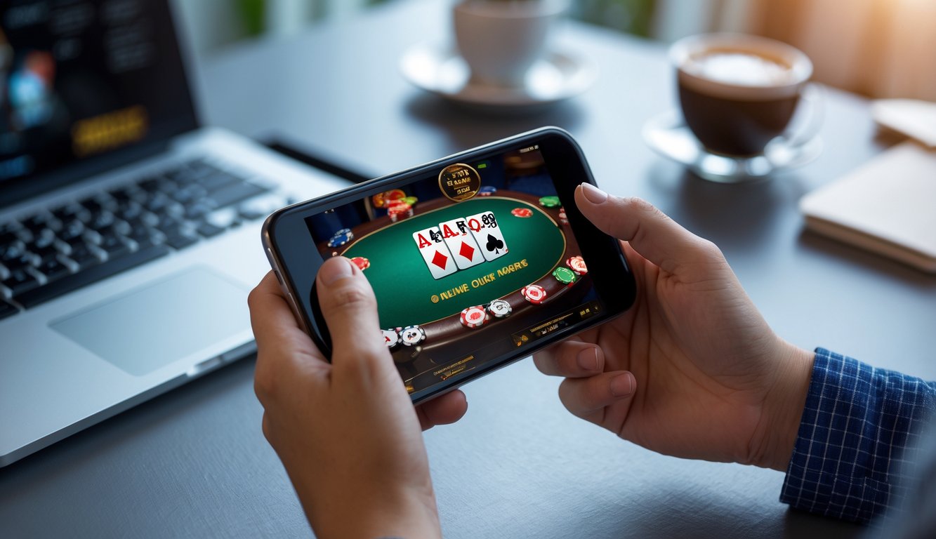 Seorang pengguna memegang ponsel Android yang menampilkan permainan poker online dengan kartu dan chip, duduk di meja kerja dengan laptop dan cangkir kopi.