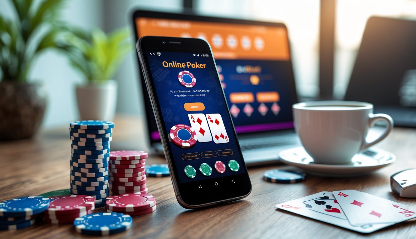 Meja kerja dengan ponsel Android menampilkan permainan poker online, dikelilingi oleh chip poker, kartu remi, dan secangkir kopi.