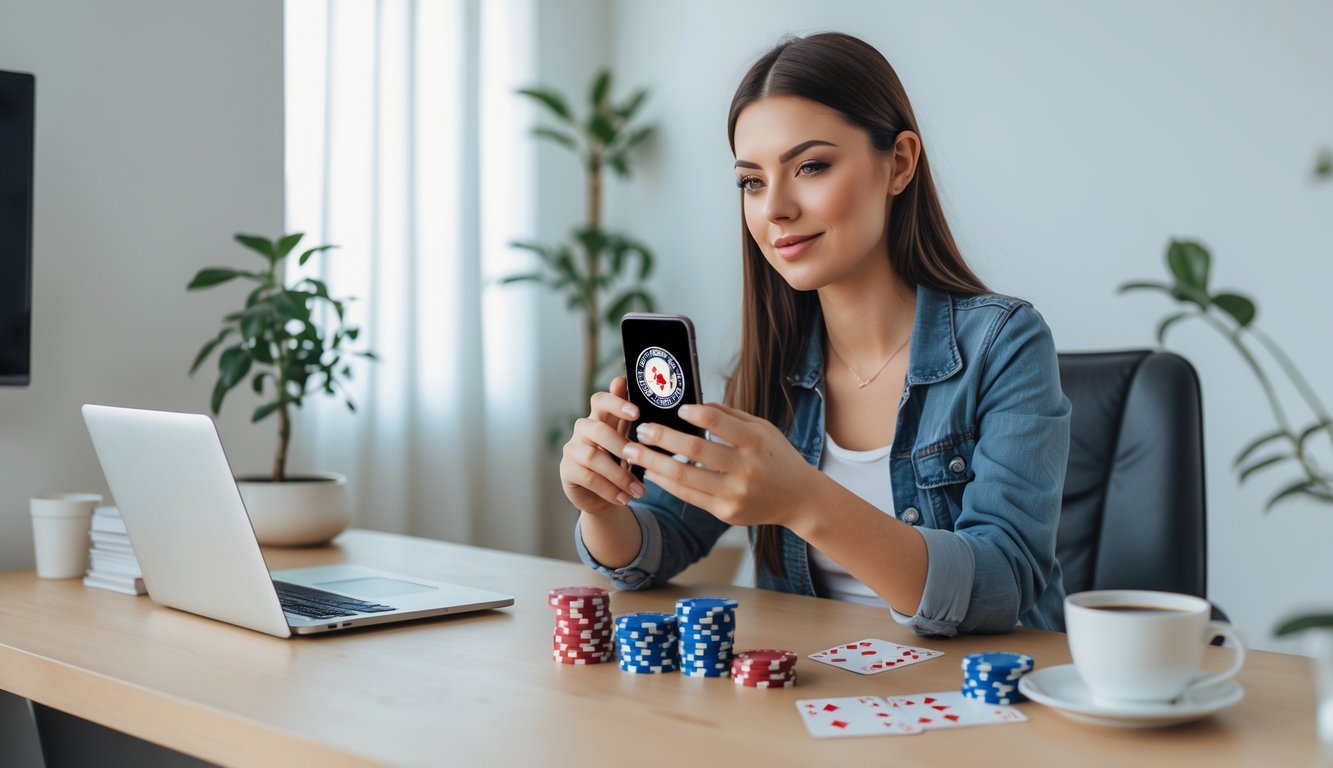 Seorang wanita muda duduk di meja modern menggunakan ponsel Android untuk bermain poker online dengan chip dan kartu di dekatnya.