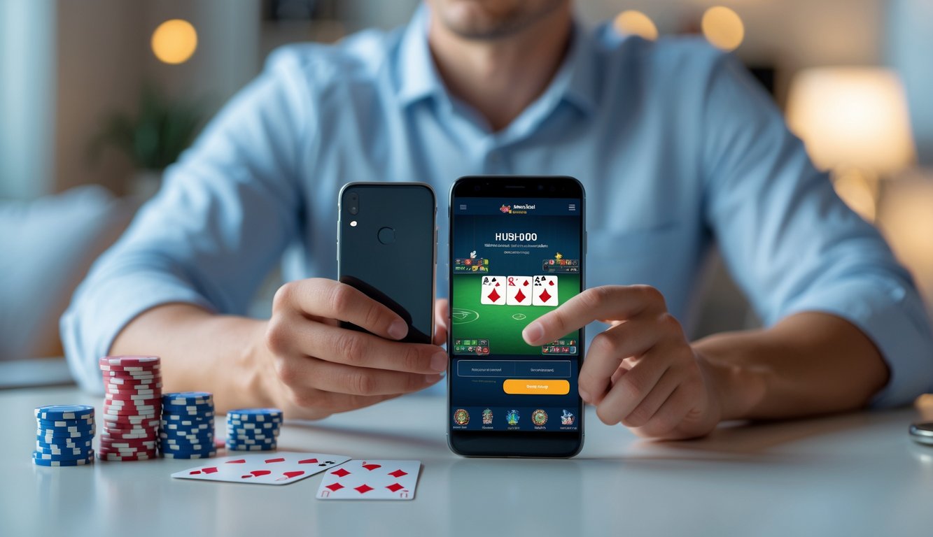 Seorang dewasa muda menggunakan ponsel Android untuk bermain poker online di ruang tamu yang rapi dengan chip poker dan kartu di meja.