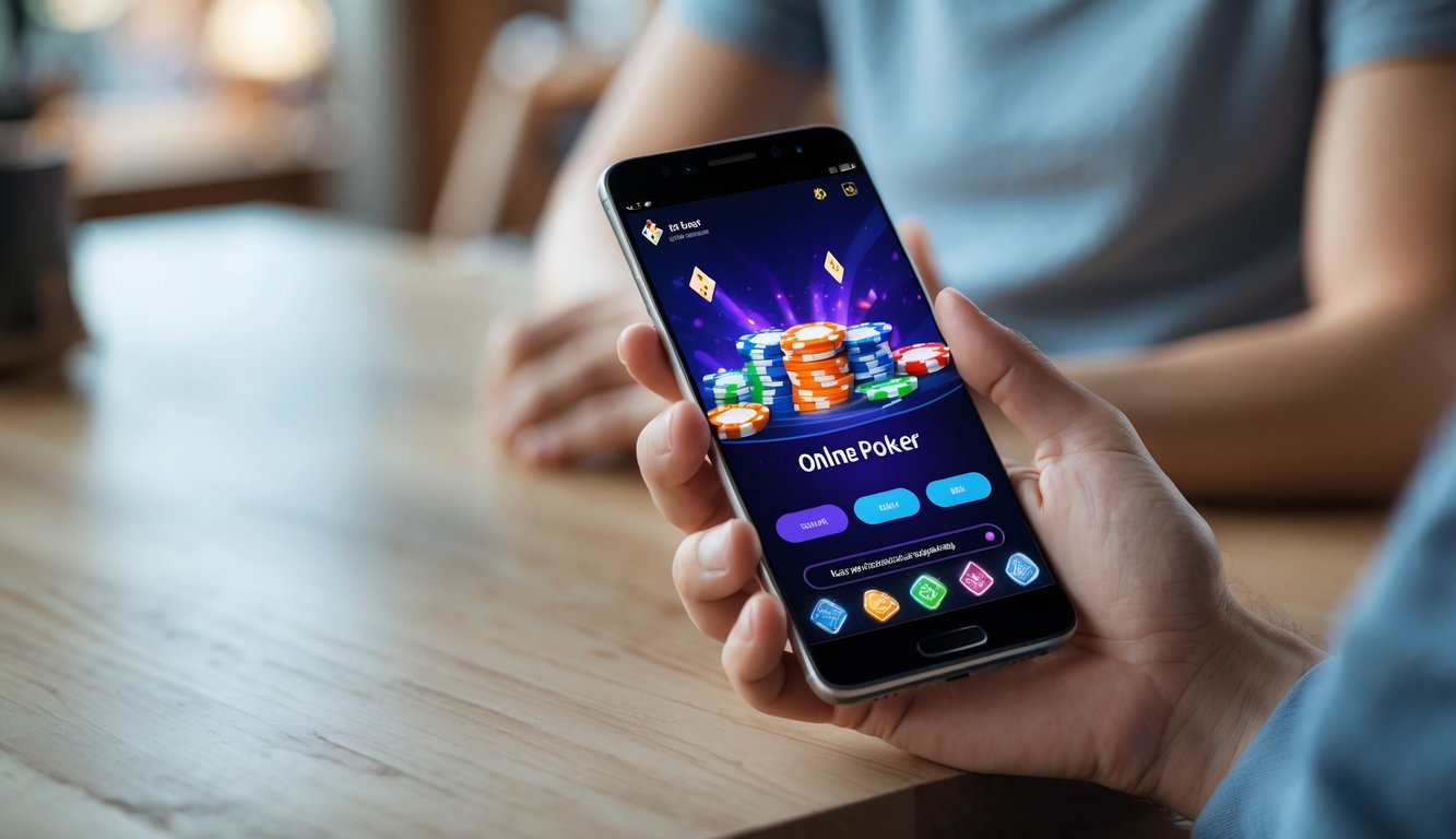 Seseorang memegang ponsel yang menampilkan permainan poker online dengan chip dan kartu di layar.