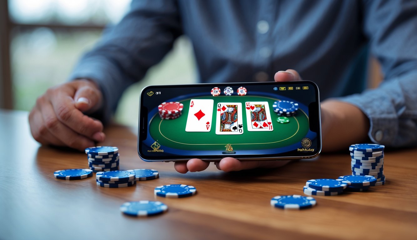 Seseorang memegang ponsel yang menampilkan permainan poker dengan kartu dan chip di atas meja kayu.